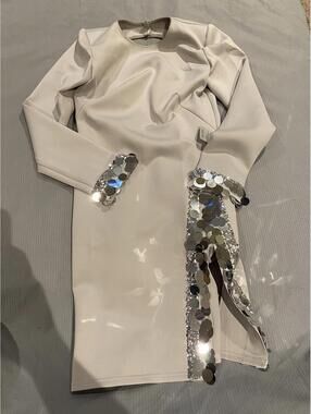 sho sheath dress longsleeve sequin detail platinum gray size xs Tadashi Shoji